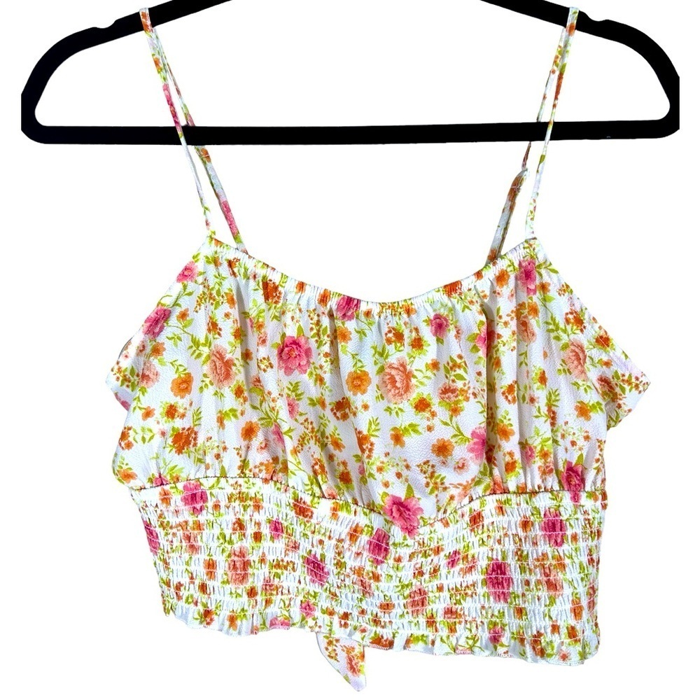 Pink Rose Cropped Elastic Adjustable Shirred Floral W/Bow Top Size Medium NWT